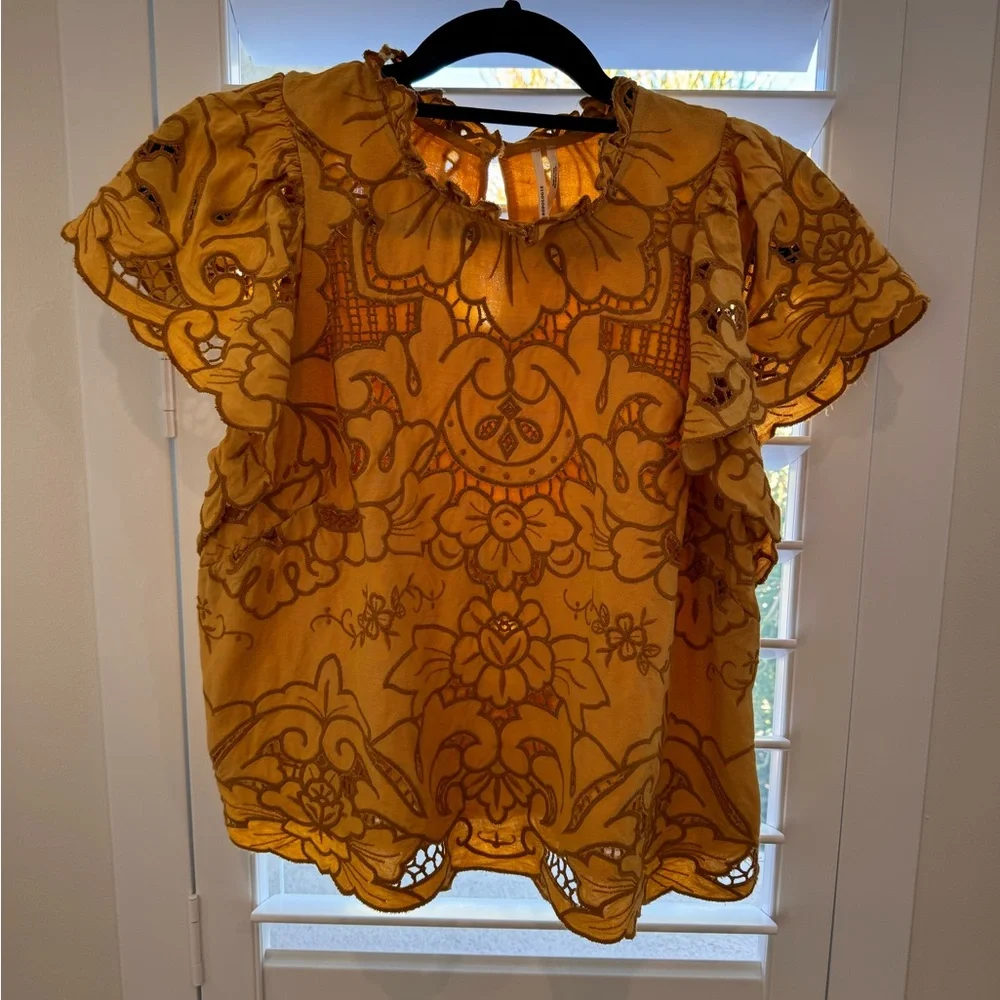 Anthropologie Mustard Floral Lace Blouse - Picture 3 of 5
